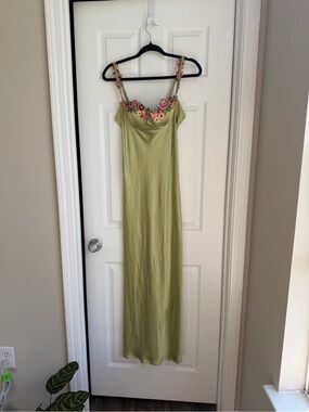 Womens Olive Green Maxi Slip Dress with Floral Trim